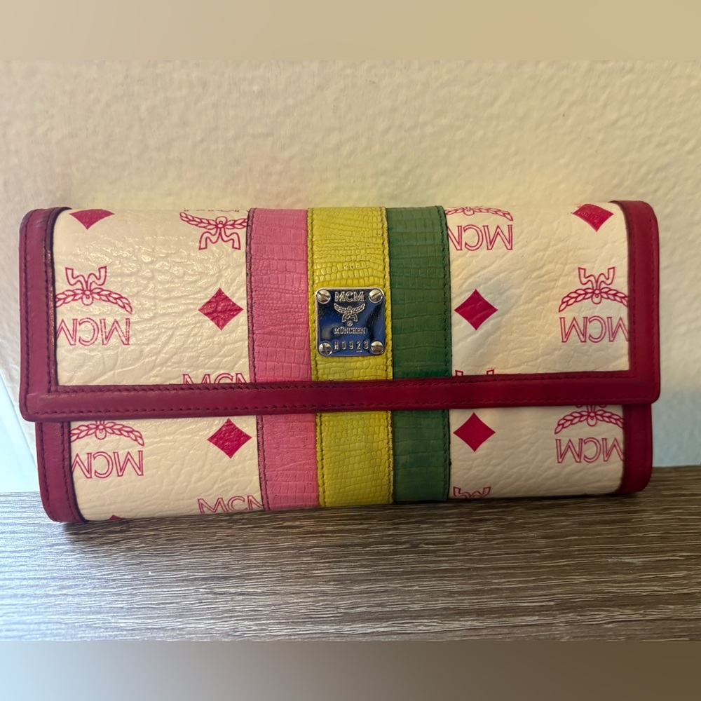 Authentic MCM Vintage Pink Multi Color Long Trifold Wallet